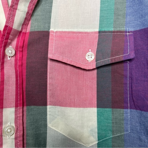 J. Crew Men Shirt Medium Madras Plaid Pocket Holiday Button Down Pink Cream Blue - Picture 2 of 8